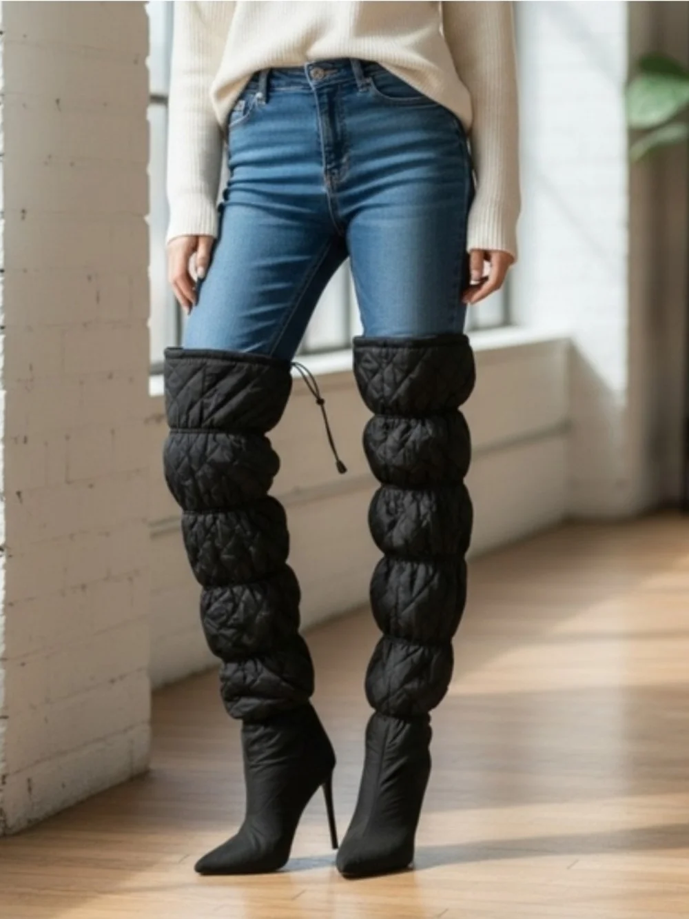 Steve Madden Black Quilted Over-the-Knee Puff Leg Warmers